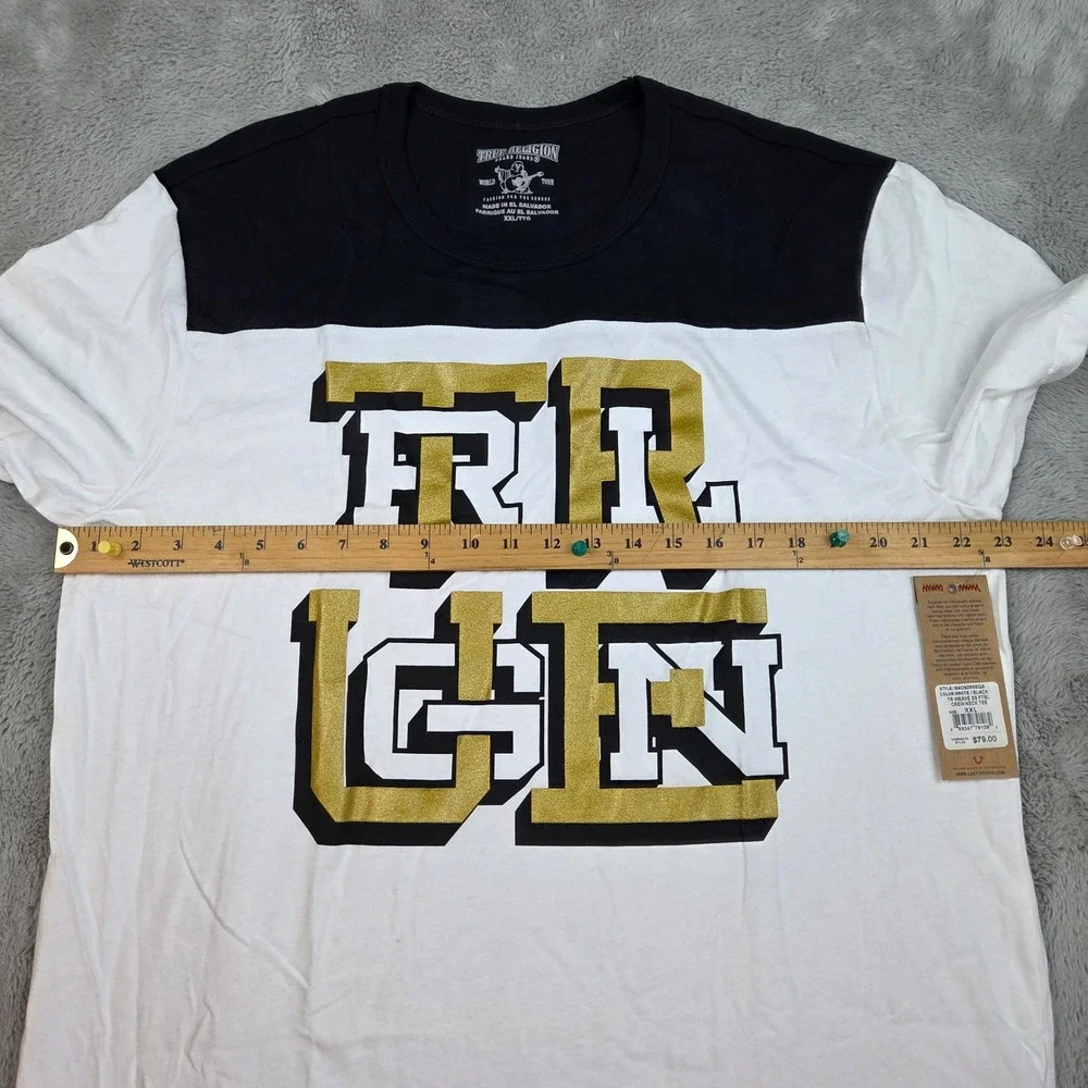 True Religion Graphic T-Shirt Mens XXL Colorblock Glitter Logo White Black New